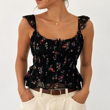 Coquette Floral Mesh Smocked Crop Top Size M Fairy Grunge Babydoll Y2K Soft Girl