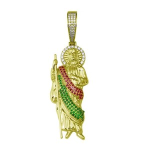 Authentic Gold Plated 925 Sterling Silver Multi Color CZ St Jude Hip Hop Catholic Pendant