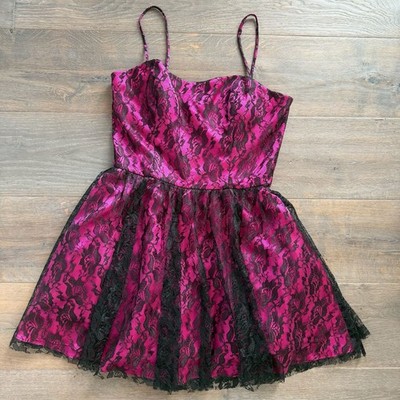 deb dresses 2000s Vintage Y2K Hot Pink Satin & Black Lace Mini Party Dress Size 11/12, Coquett Category1Label: womens Barbie Themed Bachelorette Weekend SIZE:AU 8