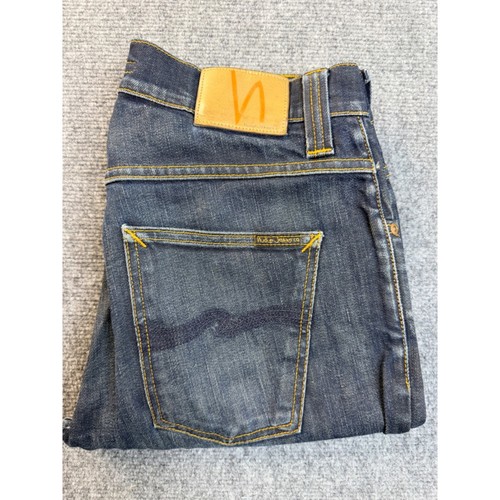 Nudie Jeans Co Mens 33x32 Blue Denim Jeans Faded Workwear Streetwear Hole Crotch