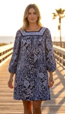 Michael Kors Women's Shift Dress Stretch 3/4 Sleeve Paisley True Navy Size XS