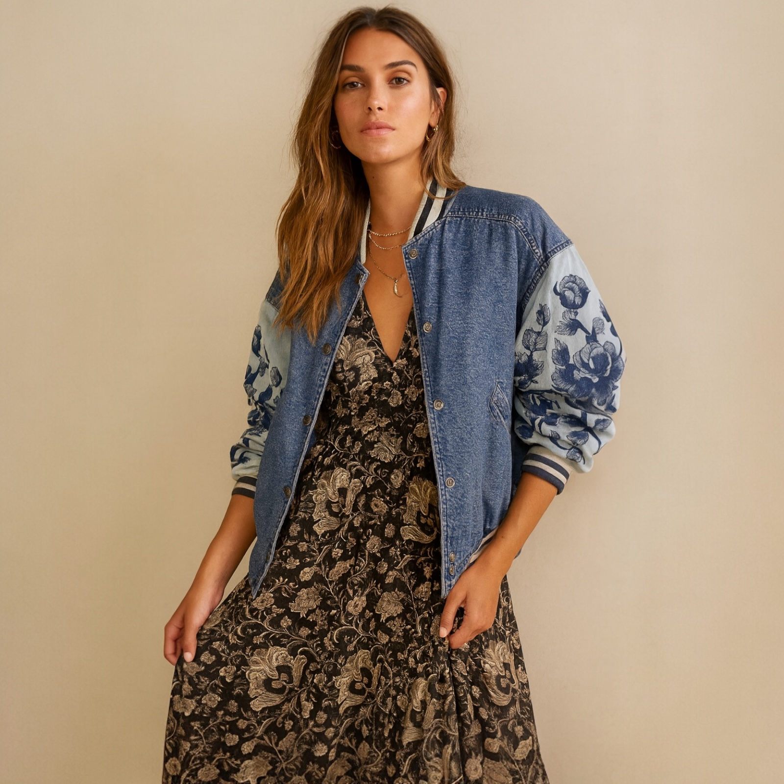Free People We The Free Denim Bomber Jacket Floral Embroidered Size S NWT $298