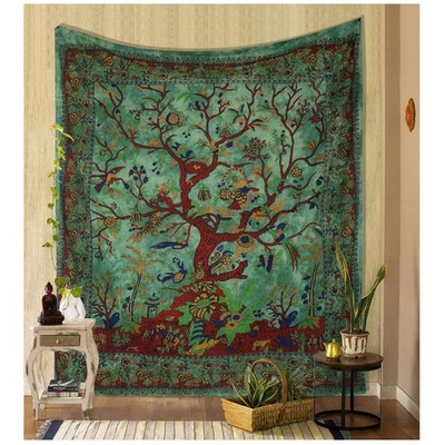 Vibrant Green Tree of Life Tapestry - Multi-Purpose Cotton Blanket & Wall Art
