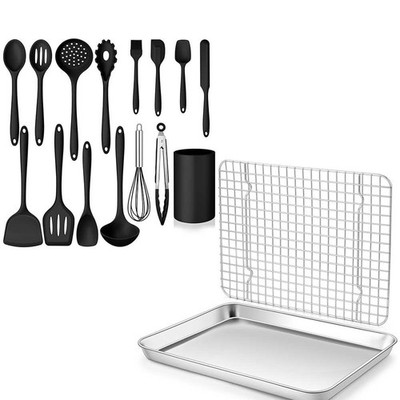 Baking Sheet with Rack & Cooking Utensil, Homikit Stainless Steel Quarter She...