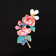 Women's Red Blue Enamel Faux Pearl Peony Flower Brooch Pin