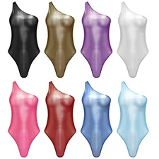 Women's Shiny Metallic Openable Crotch Bodysuit Shimmering One Shoulder Leotards