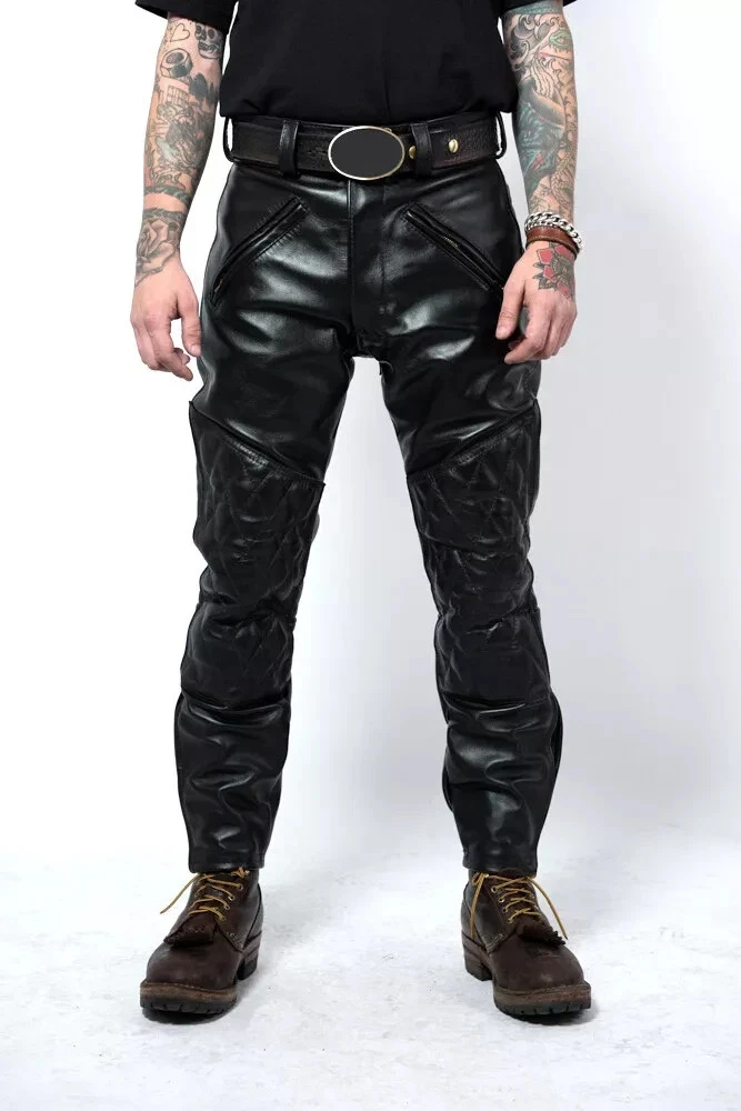 Men's Real Black Leather Bikers Pants With Quilted Panels Bikers Leather