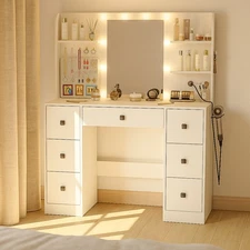 43" Vanity Desk with LED Light Mirror Makeup Vanity Table Power Outlet 7 Drawers