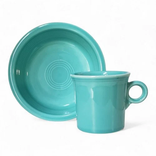 Fiesta Homer Laughlin Co Turquoise Coffee Mugs (8oz) & Bowl Set USA