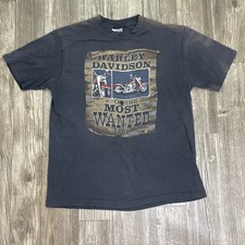 VTG HARLEY DAVIDSON 1 On The Most Wanted List 1986 T Shirt Sun Fade Black SZ L