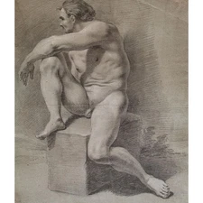 Male Nude Academic Nude Study Unknown German Chalk Drawing Circa 1800