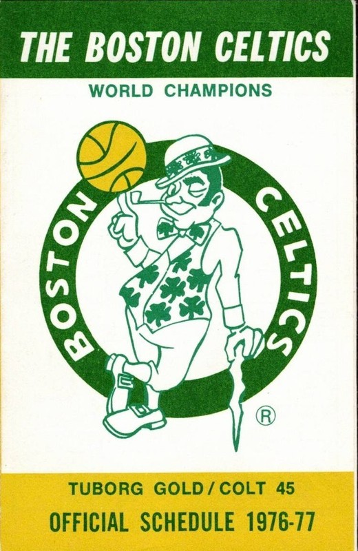 1976-77 Boston Celtics pocket schedule sponsored by Tuborg Gold / Colt 45