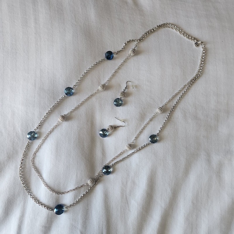Monet Necklace Set 2-Staition Blue Crystal Dangle Earrings Spiral Beads