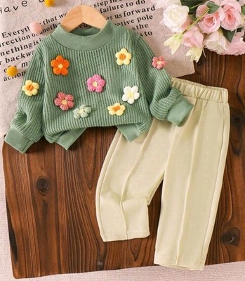 Baby Mädchen Hosen & Pullover Set in Zitrone und Grün mit Blumen Alter 6-9 Monate