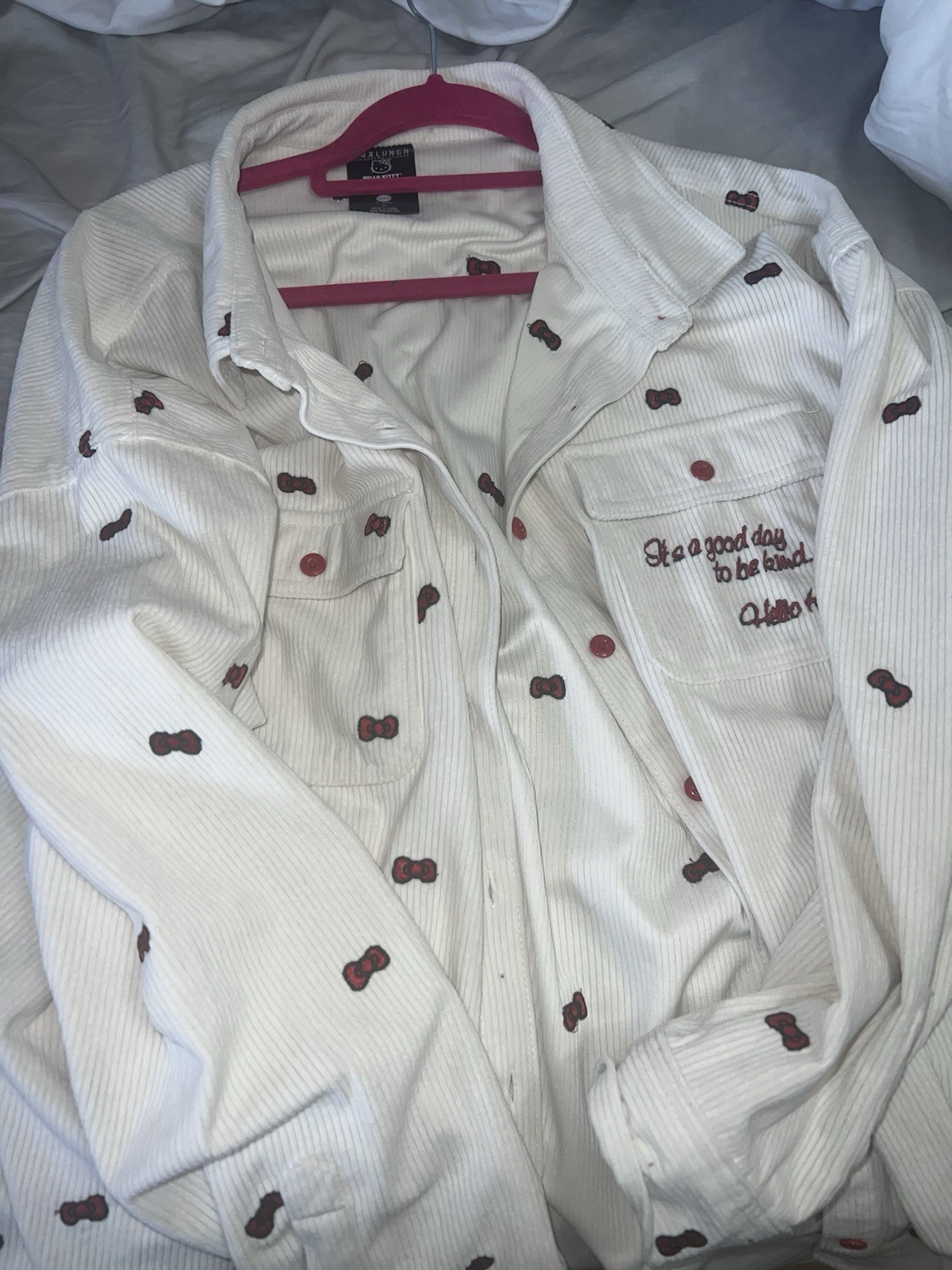 BoxLunch Hello Kitty Corduroy Embroidered Button-Up Shirt White 2X Pockets