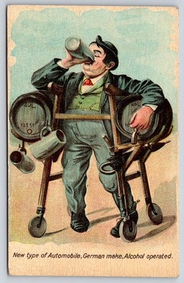 Comic~Alcohol Operated Auto~Beer Kegs Hold Drinking Man Up~German Make~1910