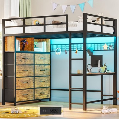 Twin Size Loft Bed with Desk and 8 Storage Drawers Rustic Brown