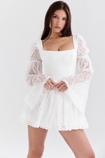 House Of CB Dress Sancia White Lace Long Bell Sleeve Mini Size M NEW