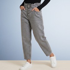 Zara Gray High-Waisted Paperbag Barrel Denim Jeans Button Fly Size 6
