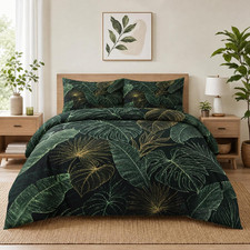 King Size Comforter Set with 2 Pillowcases, Green Tropical Leaves 3 Pcs Bedding