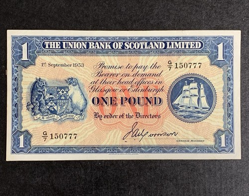 1953 UNION BANK OF SCOTLAND £1 BANKNOTE G7 150777 MORRISON - Picture 1 of 4