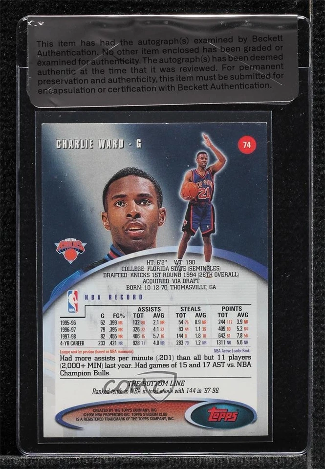 BAS 1998-99 Topps Stadium Club Charlie Ward #74 Seal of Authenticity Auto - Image 2 of 2