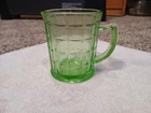 Hazel Atlas Colonial Block Green Uranium Depression Glass Creamer Cup Pitcher 4”