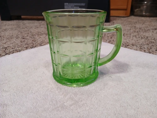 Hazel Atlas Colonial Block Green Uranium Depression Glass Creamer Cup Pitcher 4”