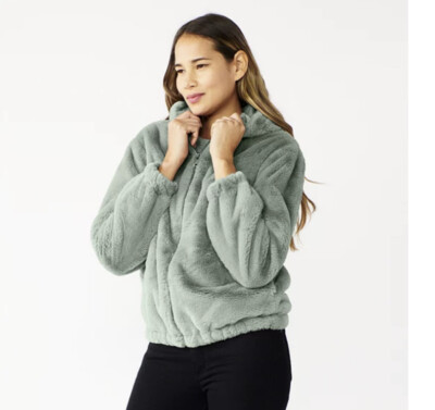 Women's Nine West Faux Fur Full Zip Hoodie Jacket Maddox Green