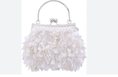 NINA Paillette Fleur frame clutch top handle minaudiere shoulder bag in WHITE