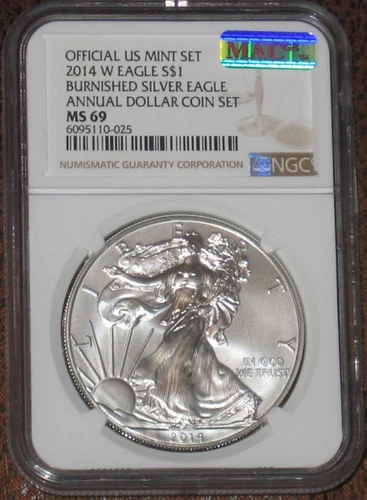 2014 W Silver American Eagle Burnished NGC Grade MS69 Annual Dollar set MAC