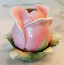 Pink Rose Green Leaves Candle / Incense Holder  (candle not included)