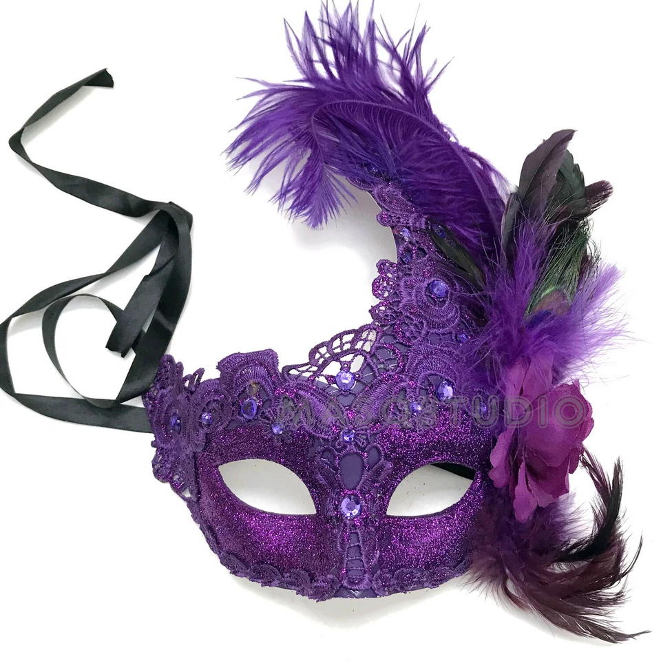 Máscara de Pluma de Encaje Mascarada Púrpura Par 16º Cumpleaños Disfraz Fiesta Mardi Gras  Foto 3 de 4