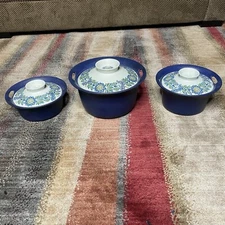Figgjo Norway For Viking Set Of 3 Stoneware Casserole Bowls Dishes Blue Floral