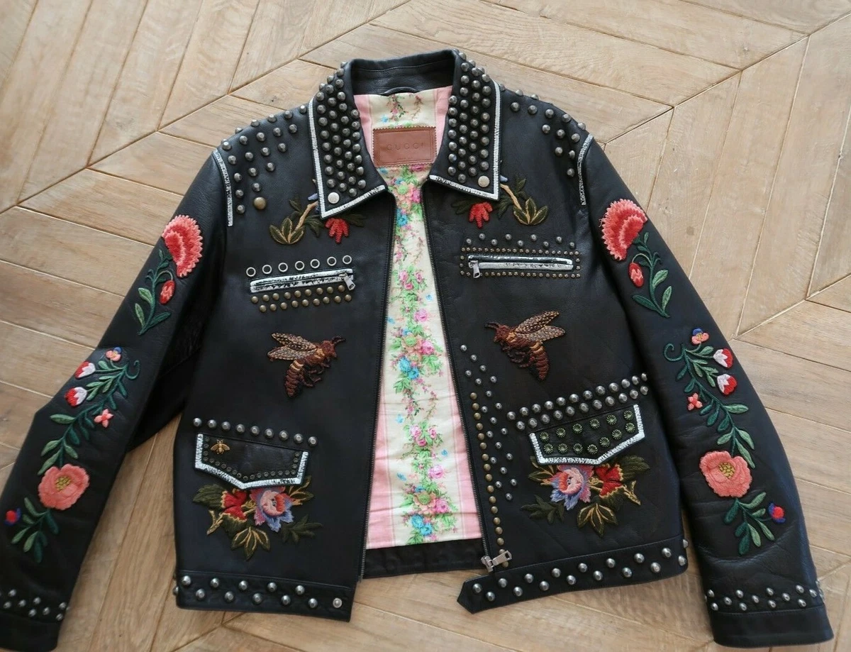 AUTHENTIC Gucci Mens Black Floral Leather Embroirdery Embellished Jacket eBay