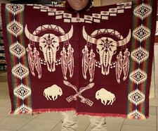 HANDMADE ECUADORIAN ALPACA PONCHO, BUFFALO SKULL, Red, Nice, Warm And Easy Wear