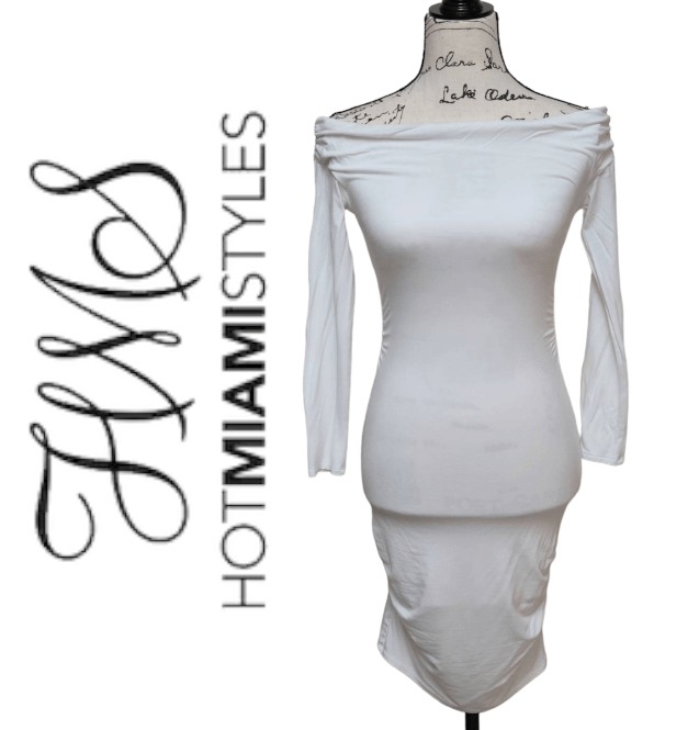 HOT MIAMI STYLES Off Shoulders Bodycon White Long Sleeve Dress - Main Image