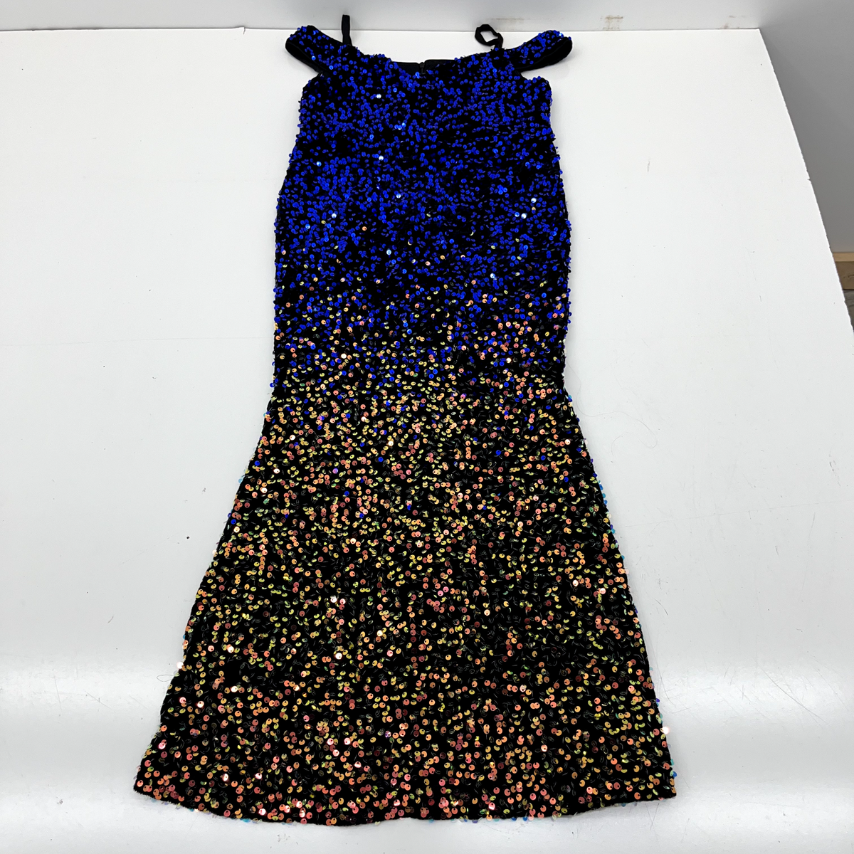 slim fit dress slacks Navy Blue Long Prom Dress with Gold Sequins