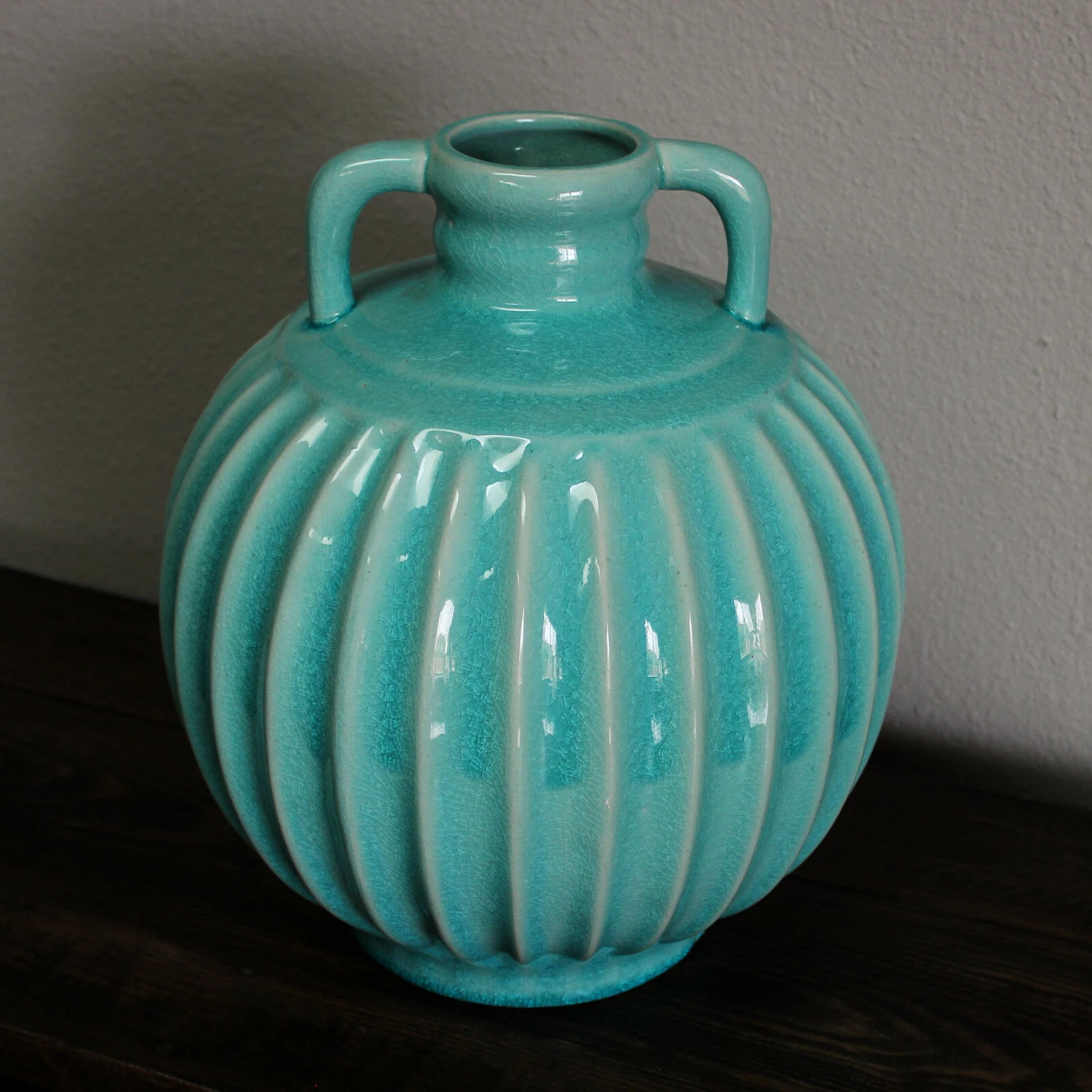 Vintage Teal Aquamarine Turquoise Blue Crackled Ceramic Vase Home Decor