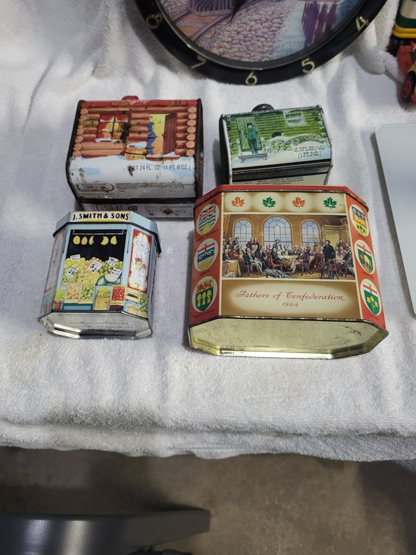 4 Vintage Tins Log Cabin Syrup 100th Aniver, J Smiths,Canadian Centennial, Maine