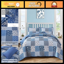 California King Quilt Set - Blue Patchwork Floral Bedding, Soft Microfiber, 3 Pi