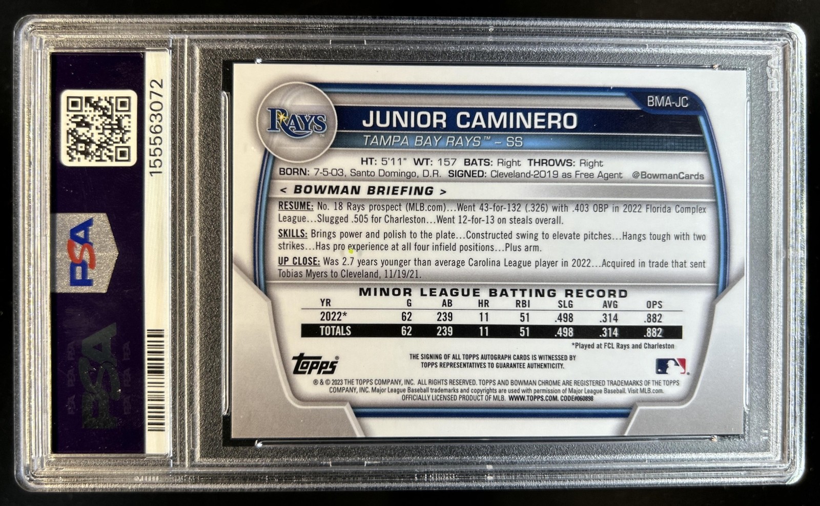 2023 Bowman Mega Box Junior Caminero Chrome Auto Mojo Refractor #BMA-JC PSA 10 view 2