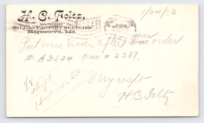 1913 HC Foltz Machinist Mill Factory Supplies Postal Card Hagerstown MD