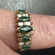 14K Yellow Gold Marquise Green Emerald & Diamond Prong Band Ring Size 7