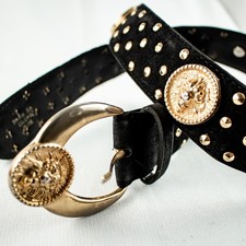 ANNE KLEIN 1970's Vintage Black Gold Studds Lion Face Women Suede Belt Size S, M