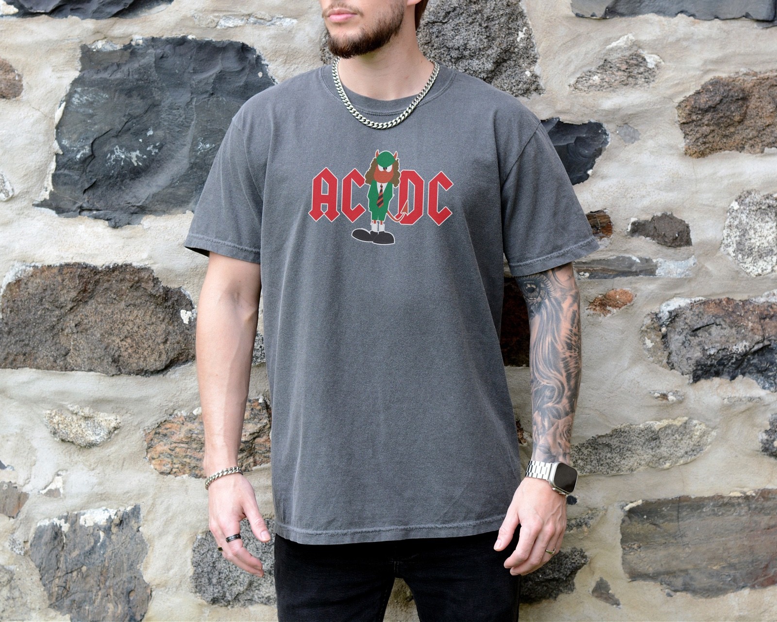 ACDC Angus Young T-Shirt Heavy Metal on Premium Vintage Black Comfort ...