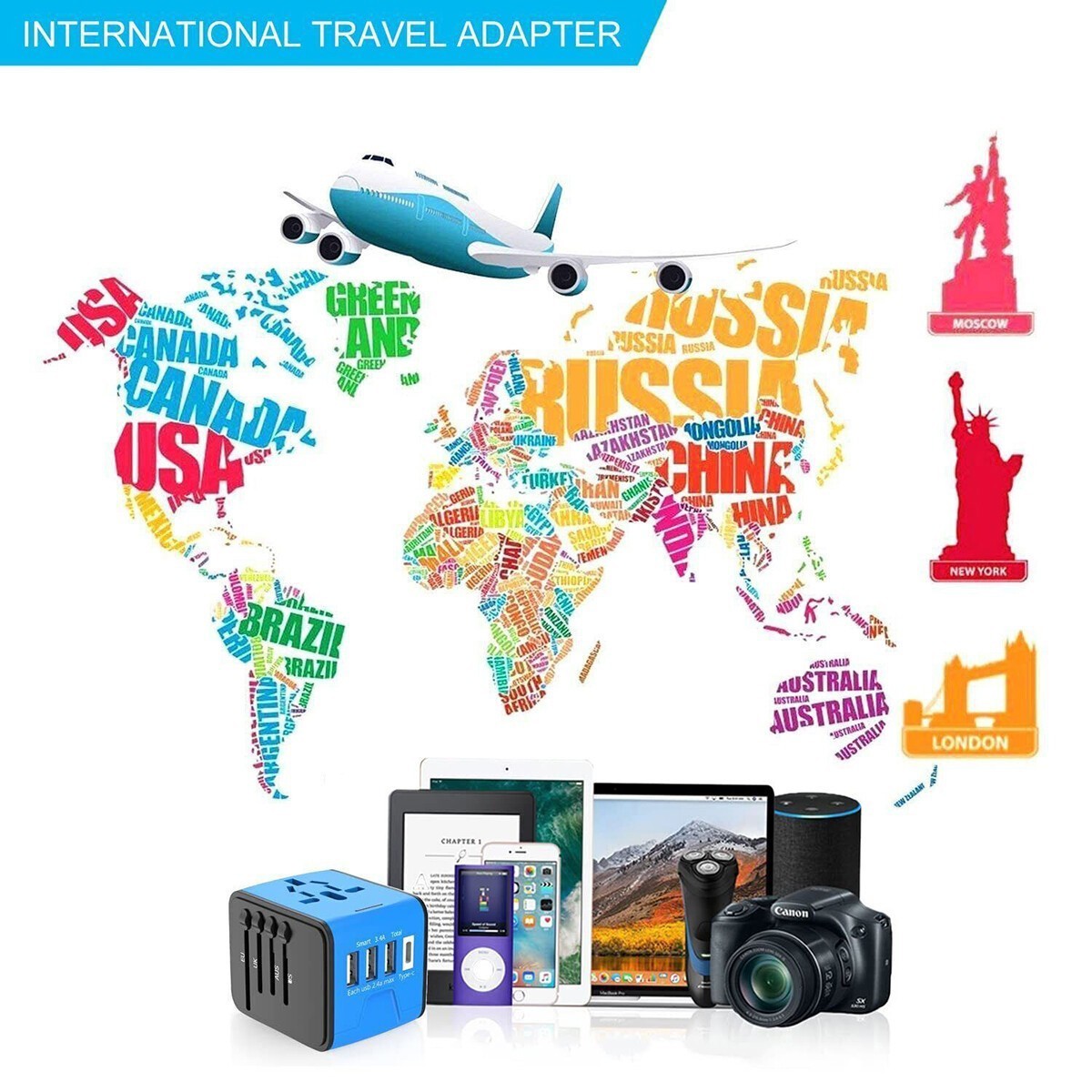 International Travel Adapter Universal Power Adapter Worldwide All in 1 , 4USB-A