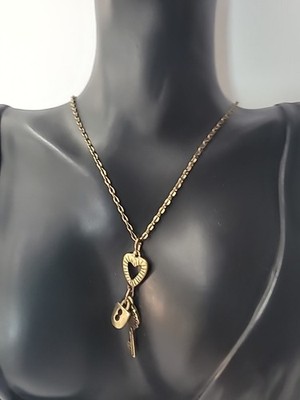 Vintage Heart Lock Key Charm Necklace Gold Tone Romantic Love Pendant