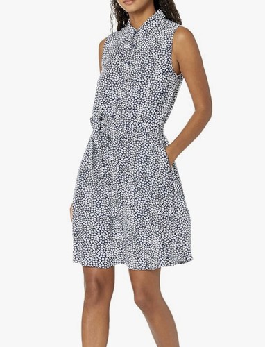 Amazon Essentials Blue And White Sleeveless Tie Waste Mini Dress XL