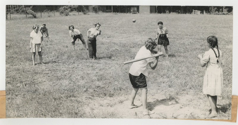 Sandlot Baseball Game 1943 Bat Ball Female Girls WWII Antique Photo J15506